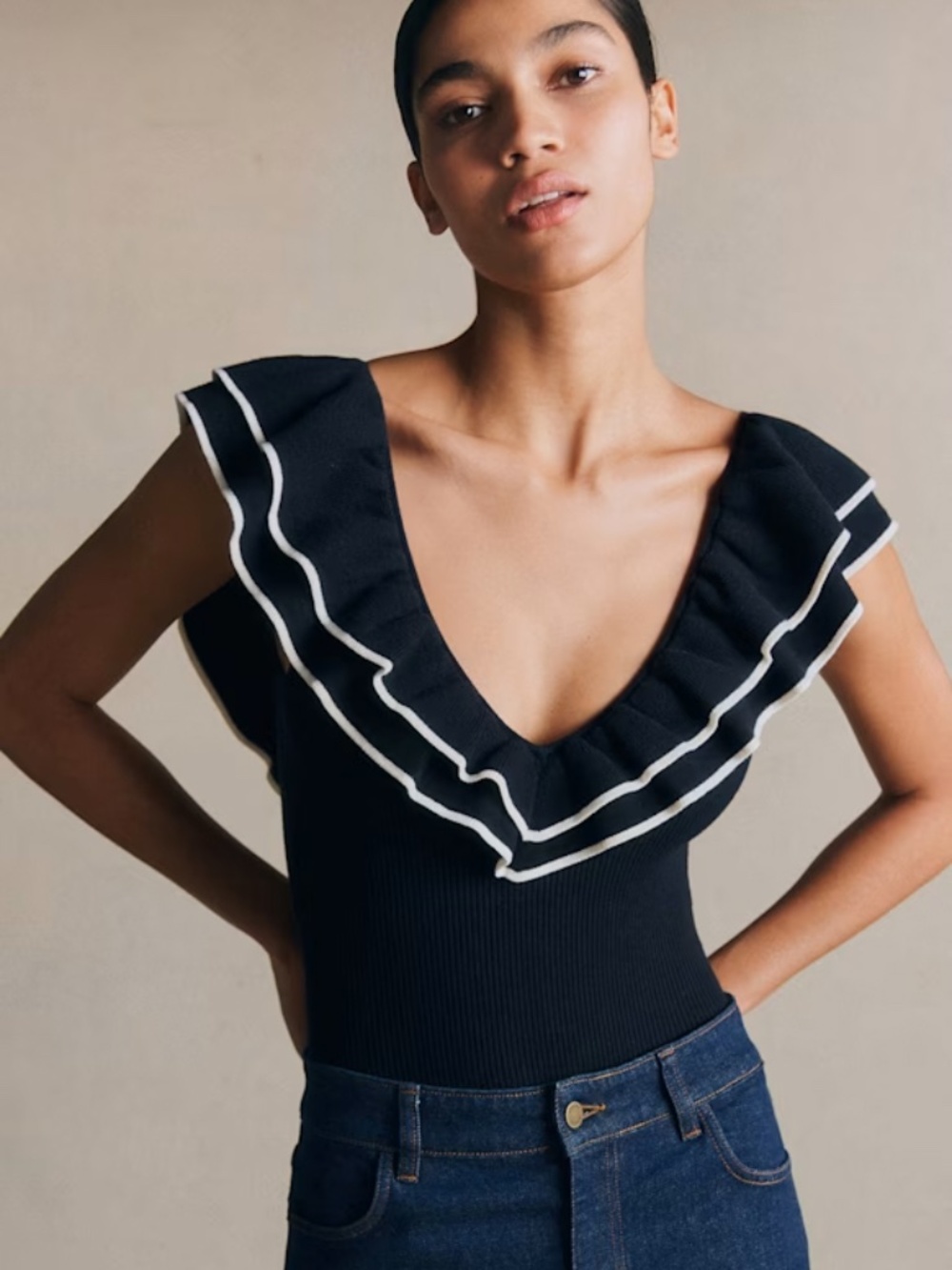 Sézane Isabella Ruffle Knit Bodysuit Navy Ecru NWT